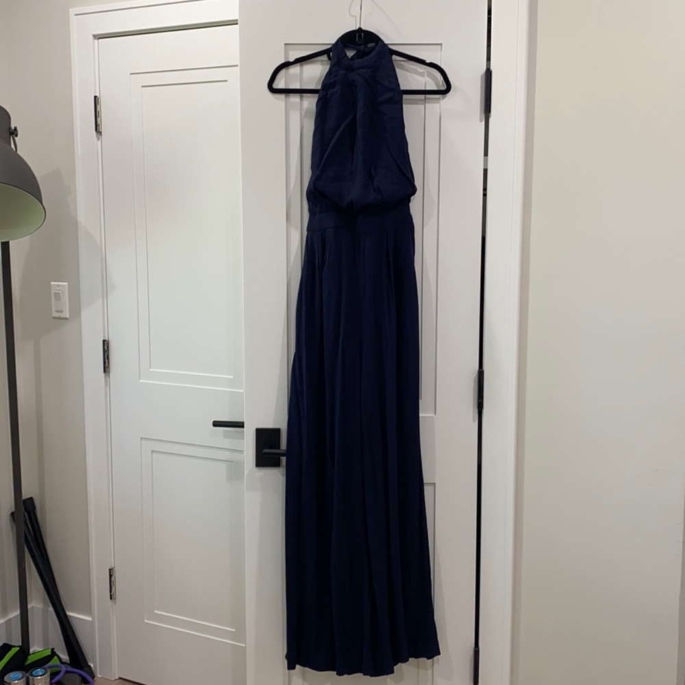 Navy wide leg trouser jumpsuit. Halter top